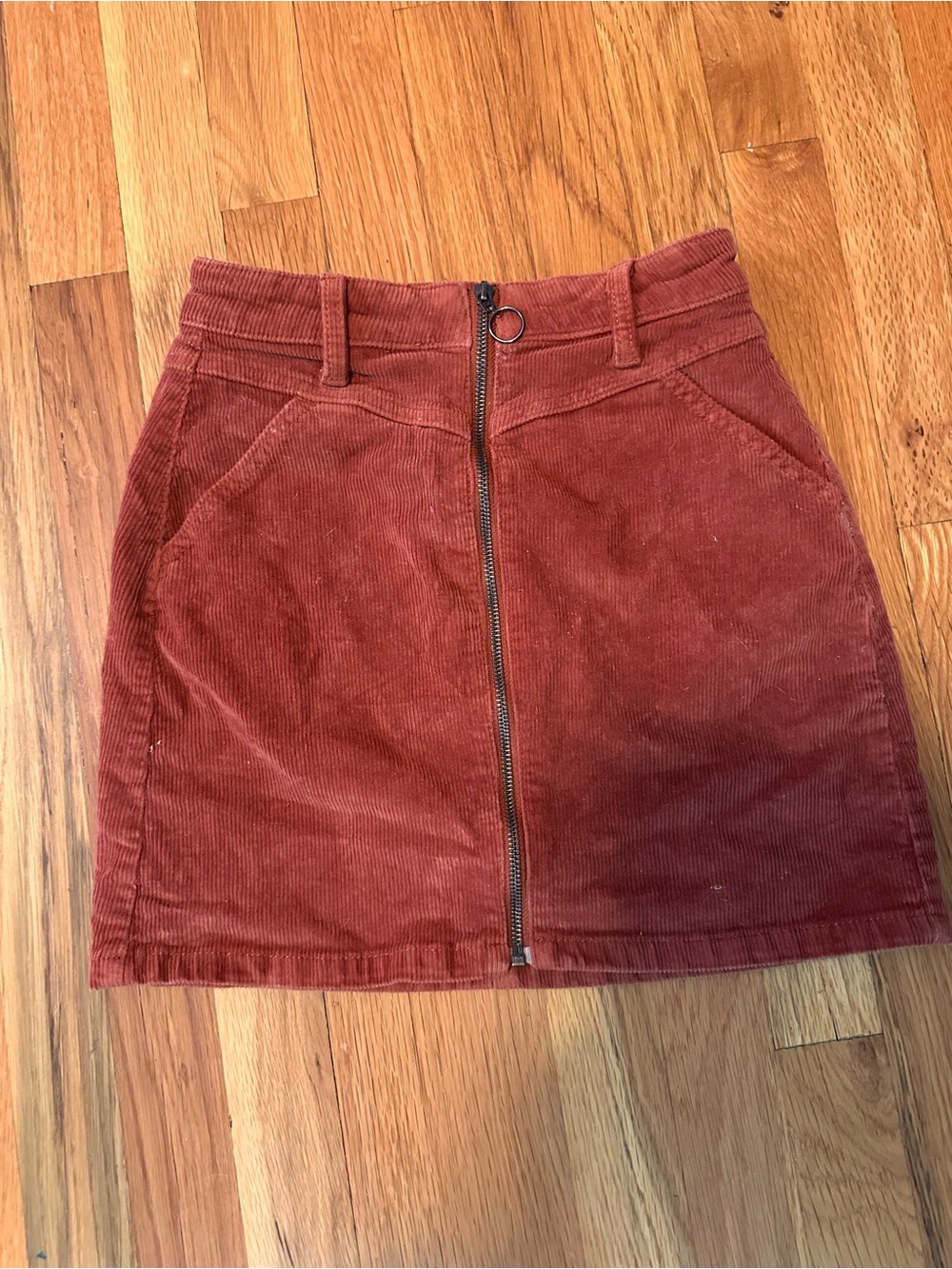 SO Ribbed Corduroy Front-Zip Mini Skirt in Rust Red